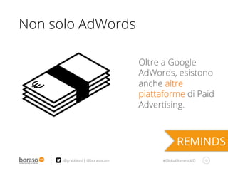 #GlobalSummitMD
Non solo AdWords
42@grabbiosi | @borasocom
Oltre a Google
AdWords, esistono
anche altre
piattaforme di Paid
Advertising.
 