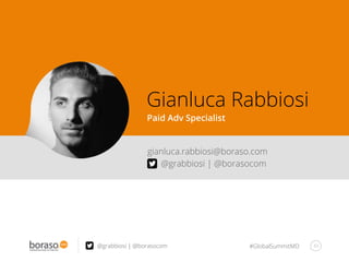 #GlobalSummitMD 43
Gianluca Rabbiosi
Paid Adv Specialist
gianluca.rabbiosi@boraso.com
@grabbiosi | @borasocom
@grabbiosi | @borasocom
 