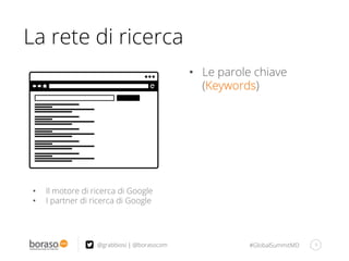 #GlobalSummitMD 9@grabbiosi | @borasocom
La rete di ricerca
•  Il motore di ricerca di Google
•  I partner di ricerca di Google
•  Le parole chiave
(Keywords)
 