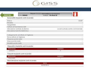 Report: G.I.S.S. Global Intelligence & Security Service
INDIETRO   Città: FIRENZE                          Indirizzo Via Rossi 55
 