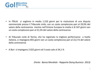 • In ITALIA ci vogliono in media 1.210 giorni per la risoluzione di una disputa
  commerciale presso il Tribunale civile, ...