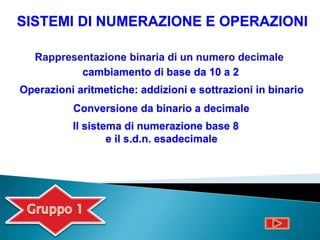 cambiamento di base da 10 a 2
Operazioni aritmetiche: addizioni e sottrazioni in binario
Conversione da binario a decimale
Il sistema di numerazione base 8
e il s.d.n. esadecimale
SISTEMI DI NUMERAZIONE E OPERAZIONI
 