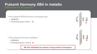 13
> Per pulsanti NON luminosi e lampade spia
 ZB4BZ021
 Profondità ghiera 9,5mm
> Per pulsanti luminosi e selettori
 ZB4BZ022
 Profondità ghiera 12,5mm
Pulsanti Harmony XB4 in metallo
Riferimenti kit filo pannello
NB. Non utilizzabile per pulsanti a fungo arresto di emergenza
 