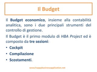 Il Budget
Il Budget economico, insieme alla contabilità
analitica, è il principale strumenti del Controllo
di Gestione.
Il Budget è il primo modulo di HBA Project ed è
composto da tre sezioni:
• Cockpit
• Compilazione
• Scostamenti.
www.happybusinessapplication.net
 