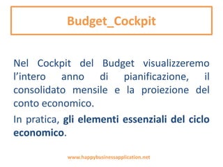 Budget_Cockpit
Nel Cockpit del Budget visualizzeremo
l’intero anno di pianificazione, il
consolidato mensile e la proiezione del
conto economico.
In pratica, gli elementi essenziali del ciclo
economico.
www.happybusinessapplication.net
 
