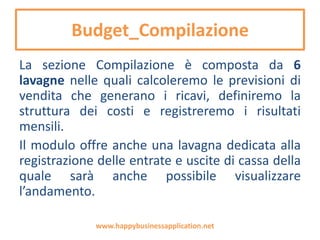 Budget_Compilazione
La sezione Compilazione è composta da 6
lavagne nelle quali calcoleremo le previsioni di
vendita che generano i ricavi, definiremo la
struttura dei costi e registreremo i risultati
mensili.
Il modulo offre anche una lavagna dedicata alla
registrazione delle entrate e uscite di cassa della
quale sarà anche possibile visualizzare
l’andamento.
www.happybusinessapplication.net
 
