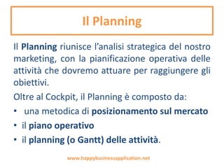 Il Planning
Il Planning riunisce l’analisi strategica del nostro
Marketing, con la pianificazione operativa delle
attività che dovremo attuare per raggiungere gli
obiettivi.
Oltre al Cockpit, il Planning è composto da:
• lo Scenario
• l’analisi FDOM (o SWOT)
• una metodica di posizionamento sul mercato
• il piano operativo
• il planning (o Gantt) delle attività
www.happybusinessapplication.net
 