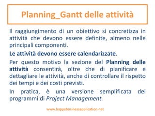 Planning_Posizionamento di Mercato
Il Posizionamento di Mercato ci consentirà di definire il
potenziale strategico dell’impresa.
Inoltre potremo:
• Capire i nostri mercati o segmenti di mercato di
riferimento
• Individuare le Ipotesi Chiave che potrebbero dare
origine a Obiettivi e Strategie
• Stimare il nostro posizionamento competitivo
Questi, sono gli elementi fondamentali di ogni corretta
pianificazione di Marketing.
www.happybusinessapplication.net
 