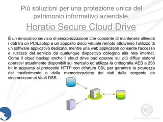 Più soluzioni per una protezione unica del
           patrimonio informativo aziendale.
          Horatio Secure Cloud Drive
È un innovativo servizio di sincronizzazione che consente di mantenere allineati
i dati tra un PC/Laptop e un apposito disco virtuale remoto attraverso l’utilizzo di
un software applicativo dedicato, mentre una web application consente l'accesso
e l'utilizzo del servizio da qualunque dispositivo collegato alla rete internet.
Come il cloud backup anche il cloud drive può operare sui più diffusi sistemi
operativi attualmente disponibili sul mercato ed utilizza la crittografia AES a 256
bit in aggiunta al protocollo HTTP con cifratura SSL per garantire la sicurezza
del trasferimento e della memorizzazione dei dati dalla sorgente da
sincronizzare ai Vault DSS.
 
