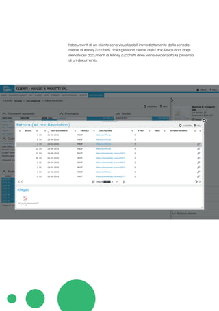 I documenti di un cliente sono visualizzabili immediatamente dalla scheda
cliente di Infinity Zucchetti, dalla gestione cliente di Ad Hoc Revolution, dagli
elenchi dei documenti di Infinity Zucchetti dove viene evidenziata la presenza
di un documento.
 