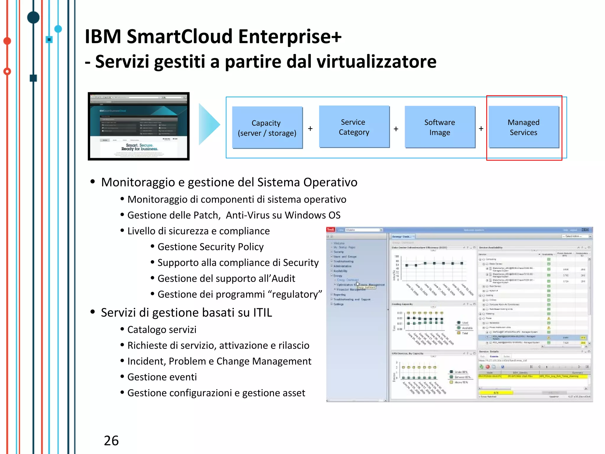 IBM SmartCloud Enterprise+
- Servizi gestiti a partire dal virtualizzatore

                                       Capacity
                                        Capacity            Service
                                                             Service       Software
                                                                           Software       Managed
                                                                                          Managed
                                   (server / storage)
                                                        +   Category
                                                            Category   +    Image
                                                                            Image
                                                                                      +   Services
                                                                                          Services
                                   (server / storage)




• Monitoraggio e gestione del Sistema Operativo
       • Monitoraggio di componenti di sistema operativo
       • Gestione delle Patch, Anti-Virus su Windows OS
       • Livello di sicurezza e compliance
               • Gestione Security Policy
               • Supporto alla compliance di Security
               • Gestione del supporto all’Audit
               • Gestione dei programmi “regulatory”
• Servizi di gestione basati su ITIL
       • Catalogo servizi
       • Richieste di servizio, attivazione e rilascio
       • Incident, Problem e Change Management
       • Gestione eventi
       • Gestione configurazioni e gestione asset



  26
 