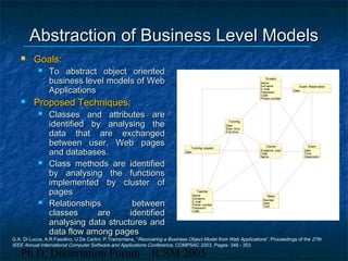 Ph.D. Dissertation Forum – ICSM 2005
Abstraction of Business Level ModelsAbstraction of Business Level Models
 Goals:Goals:
 To abstract object orientedTo abstract object oriented
business level models of Webbusiness level models of Web
ApplicationsApplications
 Proposed Techniques:Proposed Techniques:
 Classes and attributes areClasses and attributes are
identified by analysing theidentified by analysing the
data that are exchangeddata that are exchanged
between user, Web pagesbetween user, Web pages
and databases.and databases.
 Class methods are identifiedClass methods are identified
by analysing the functionsby analysing the functions
implemented by cluster ofimplemented by cluster of
pagespages
 Relationships betweenRelationships between
classes are identifiedclasses are identified
analysing data structures andanalysing data structures and
data flow among pagesdata flow among pages
Tutoring request
Date
Teacher
Name
Surname
E-mail
Phone number
Password
Code
Tutoring
Date
Start time
End time
News
Number
Date
Text
Student
Name
Surname
E-mail
Password
Code
Phone number
Exam
Date
Time
Classroom
Course
Academic year
Code
Name
Exam Reservation
Date
G.A. Di Lucca, A.R.Fasolino, U.De Carlini, P.Tramontana, “Recovering a Business Object Model from Web Applications”, Proceedings of the 27th
IEEE Annual International Computer Software and Applications Conference, COMPSAC 2003, Pages: 348 - 353
 