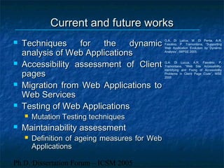 Ph.D. Dissertation Forum – ICSM 2005
Current and future worksCurrent and future works
 Techniques for the dynamicTechniques for the dynamic
analysis of Web Applicationsanalysis of Web Applications
 Accessibility assessment of ClientAccessibility assessment of Client
pagespages
 Migration from Web Applications toMigration from Web Applications to
Web ServicesWeb Services
 Testing of Web ApplicationsTesting of Web Applications
 Mutation Testing techniquesMutation Testing techniques
 Maintainability assessmentMaintainability assessment
 Definition of ageing measures for WebDefinition of ageing measures for Web
ApplicationsApplications
G.A. Di Lucca, M. Di Penta, A.R.
Fasolino, P. Tramontana, “Supporting
Web Application Evolution by Dynamic
Analysis”, IWPSE 2005
G.A. Di Lucca, A.R. Fasolino, P.
Tramontana, “Web Site Accessibility:
Identifying and Fixing of Accessibility
Problems in Client Page Code”, WSE
2005
 