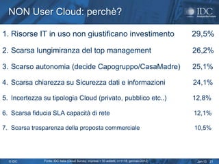 NON User Cloud: perchè?

1. Risorse IT in uso non giustificano investimento                                           29,5%

2. Scarsa lungimiranza del top management                                                    26,2%

3. Scarso autonomia (decide Capogruppo/CasaMadre)                                            25,1%

4. Scarsa chiarezza su Sicurezza dati e informazioni                                         24,1%

5. Incertezza su tipologia Cloud (privato, pubblico etc..)                                   12,8%

6. Scarsa fiducia SLA capacità di rete                                                       12,1%

7. Scarsa trasparenza della proposta commerciale                                             10,5%




  © IDC       Fonte: IDC Italia (Cloud Survey; imprese > 50 addetti; n=1118; gennaio 2012)    Jan-13   21
 