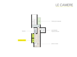 LE CAMERE



               TERRAZZO COMUNE




               ASCENSORE
      BAGNO    ingresso dedicato




ALCOVA LETTO


               ZONA STUDIO
 
