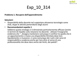 21
Exp_10_314
Problema 1. Recupero dell’apprendimento
Soluzioni:
• Disponibilità della docente nel supportare attraverso tecnologie come
chat, skype le attività pomeridiane degli alunni
• Raccomandazioni aspetto 1
Sebbene questa strategia si è dimostrata particolarmente efficace (anche
in termini di impatto sulla relazione tra docente - allievo) l’insegnante
evidenzia che “…bisogna mantenere comunque il confine tra quello che è
un appuntamento e invece una disponibilità illimitata dove loro
liquidamente si muovono: ci sono comunque dei ruoli e dei sensi di
responsabilità a scadenza anche per loro oltre al senso di una
professionalità che deve dare anche dei limiti, dei paletti”.
 