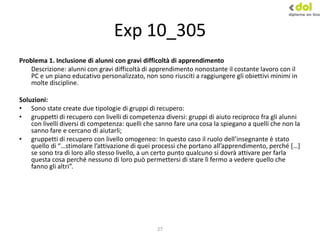 27
Exp 10_305
Problema 1. Inclusione di alunni con gravi difficoltà di apprendimento
Descrizione: alunni con gravi difficoltà di apprendimento nonostante il costante lavoro con il
PC e un piano educativo personalizzato, non sono riusciti a raggiungere gli obiettivi minimi in
molte discipline.
Soluzioni:
• Sono state create due tipologie di gruppi di recupero:
• gruppetti di recupero con livelli di competenza diversi: gruppi di aiuto reciproco fra gli alunni
con livelli diversi di competenza: quelli che sanno fare una cosa la spiegano a quelli che non la
sanno fare e cercano di aiutarli;
• gruppetti di recupero con livello omogeneo: In questo caso il ruolo dell’insegnante è stato
quello di “…stimolare l’attivazione di quei processi che portano all’apprendimento, perché *…+
se sono tra di loro allo stesso livello, a un certo punto qualcuno si dovrà attivare per farla
questa cosa perché nessuno di loro può permettersi di stare lì fermo a vedere quello che
fanno gli altri”.
 