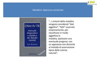 Metafore: Approccio positivista
“...i sintomi della malattia
vengono considerati “dati
oggettivi”, “fatti” osservati
empiricamente, per
classificare in modo
oggettivo la
malattia, ipotizzare una
eventuale prognosi, con
un approccio non dissimile
al metodo di osservazione
tipico delle scienze
naturali”.
 