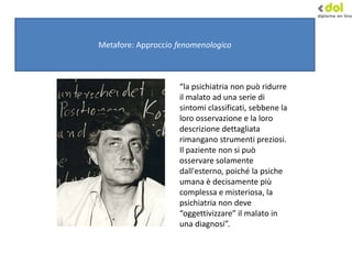 Metafore: Approccio fenomenologico
“la psichiatria non può ridurre
il malato ad una serie di
sintomi classificati, sebbene la
loro osservazione e la loro
descrizione dettagliata
rimangano strumenti preziosi.
Il paziente non si può
osservare solamente
dall'esterno, poiché la psiche
umana è decisamente più
complessa e misteriosa, la
psichiatria non deve
“oggettivizzare” il malato in
una diagnosi”.
 