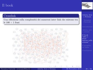 Il book
Adotta Arte
e Scienza

Crosslink
Una riﬂessione sulla complessità dei numerosi inter–link che esistono tra
le 100 + 1 frasi

Veronica
Cavicchi
Introduzione
Adotta arte
e scienza
Il book
“100+1
Frasi
famose sulla
scienza”
Il progetto
in classe
Conclusioni

Veronica Cavicchi (cveronic@tin.it)

Adotta Arte e Scienza

09 Novembre 2013

20 / 34

 