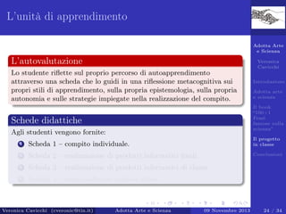 L’unità di apprendimento
Adotta Arte
e Scienza

L’autovalutazione

Veronica
Cavicchi

Lo studente riﬂette sul proprio percorso di autoapprendimento
attraverso una scheda che lo guidi in una riﬂessione metacognitiva sui
propri stili di apprendimento, sulla propria epistemologia, sulla propria
autonomia e sulle strategie impiegate nella realizzazione del compito.

Introduzione
Adotta arte
e scienza
Il book
“100+1
Frasi
famose sulla
scienza”

Schede didattiche
Agli studenti vengono fornite:
1

Scheda 1 – compito individuale.

Il progetto
in classe

2

Scheda 2 – realizzazione di prodotti informatici ﬁnali.

Conclusioni

3

Scheda 3 – realizzazione di prodotti informatici di classe.

4

Scheda 4 – elenco software audio e video.

Veronica Cavicchi (cveronic@tin.it)

Adotta Arte e Scienza

09 Novembre 2013

24 / 34

 