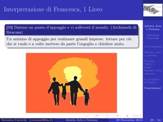 Interpretazione di Francesca, 1 Liceo
[59] Datemi un punto d’appoggio e vi solleverò il mondo. (Archimede di
Siracusa)
Un minimo di appoggio per realizzare grandi imprese: lottare per ciò
che si vuole e a volte mettere da parte l’orgoglio e chiedere aiuto.

Adotta Arte
e Scienza
Veronica
Cavicchi
Introduzione
Adotta arte
e scienza
Il book
“100+1
Frasi
famose sulla
scienza”
Il progetto
in classe
Conclusioni

Veronica Cavicchi (cveronic@tin.it)

Adotta Arte e Scienza

09 Novembre 2013

28 / 34

 