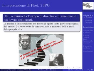 Interpretazione di Phet, 5 IPG
[13] La musica ha lo scopo di divertire e di suscitare in
noi diversi sentimenti.
La musica è uno strumento che riesce ad aprire tante porte come quella
dell’amore. Ma certe volte fa pensare anche a momenti belli e tristi
della propria vita.

Adotta Arte
e Scienza
Veronica
Cavicchi
Introduzione
Adotta arte
e scienza
Il book
“100+1
Frasi
famose sulla
scienza”
Il progetto
in classe
Conclusioni

Veronica Cavicchi (cveronic@tin.it)

Adotta Arte e Scienza

09 Novembre 2013

9 / 34

 