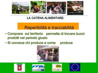 LA CATENA ALIMENTARE:


            Reperibilità e tracciabilità
– Comprare sul territorio permette di trovare buoni
  prodotti nel periodo giusto
– Si conosce chi produce e come produce
 