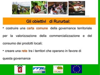 Gli obiettivi di Rururbal:

    costruire una carta comune della governance territoriale

per la valorizzazione della commercializzazione e del

consumo dei prodotti locali;


    creare una rete tra i territori che operano in favore di

questa governance
 