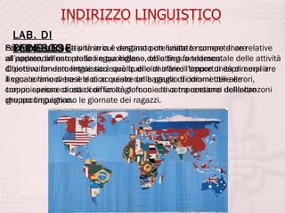 LAB. DI
SiTEDESCO attività in cui destinato un limitato competenze
  D’INGLESE
Poiché nella scuola primaria è vengano potenziate lenumero di orerelative
  realizzeranno
all’apprendimentopratico e quotidiano della lingua tedesca.
 al parlato, all’uso della lingua inglese, obiettivo fondamentale delle attività
di potenziamento linguistico sarà quello di offrireill’opportunità di ampliare
 Obiettivo fondamentale sarà quello di eliminare timore di esprimersi in
il vocabolario di base blocco creato dalla paura di commetterealla
 lingua e rimuovere il e di acquisire un bagaglio di idiomi utili errori,
comunicazionecausa di difficoltà comunicativa tra coetanei delle canzoni
 troppo spesso diretta con un anglofono e la comprensione dell’altro
che accompagnano le giornate dei ragazzi.
 gruppo linguistico.
 
