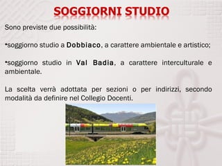 Sono previste due possibilità:

•soggiorno studio a Dobbiaco, a carattere ambientale e artistico;

•soggiorno studio in Val Badia, a carattere interculturale e
ambientale.

La scelta verrà adottata per sezioni o per indirizzi, secondo
modalità da definire nel Collegio Docenti.
 