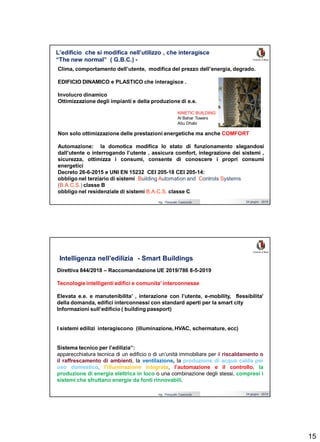 15
Ing. Pasquale Capezzuto 24 giugno 2019
L’edificio che si modifica nell’utilizzo , che interagisce
“The new normal” ( G.B.C.) -
Clima, comportamento dell’utente, modifica del prezzo dell’energia, degrado.
EDIFICIO DINAMICO e PLASTICO che interagisce .
Involucro dinamico
Ottimizzazione degli impianti e della produzione di e.e.
Non solo ottimizzazione delle prestazioni energetiche ma anche COMFORT
Automazione: la domotica modifica lo stato di funzionamento slegandosi
dall’utente o interrogando l’utente , assicura comfort, integrazione dei sistemi ,
sicurezza, ottimizza i consumi, consente di conoscere i propri consumi
energetici
Decreto 26-6-2015 e UNI EN 15232 CEI 205-18 CEI 205-14:
obbligo nel terziario di sistemi BBuildinguilding AAutomationutomation andand CControlsontrols SSystemsystems
((B.A.C.S.B.A.C.S.)) classe B
obbligo nel residenziale di sistemi B.A.C.S.B.A.C.S. classe C
KINETIC BUILDING
Al Bahar Towers
Abu Dhabi
Ing. Pasquale Capezzuto 24 giugno 2019
Intelligenza nell’edilizia - Smart Buildings
Direttiva 844/2018 – Raccomandazione UE 2019/786 8-5-2019
Tecnologie intelligenti edifici e comunita’ interconnesse
Elevata e.e. e manutenibilita’ , interazione con l’utente, e-mobility, flessibilita’
della domanda, edifici interconnessi con standard aperti per la smart city
Informazioni sull’edificio ( building passport)
I sistemi edilizi interagiscono (illuminazione, HVAC, schermature, ecc)
Sistema tecnico per l’edilizia”:
apparecchiatura tecnica di un edificio o di un’unità immobiliare per il riscaldamento o
il raffrescamento di ambienti, la ventilazione, la produzione di acqua calda per
uso domestico, l’illuminazione integrata, l’automazione e il controllo, la
produzione di energia elettrica in loco o una combinazione degli stessi, compresi i
sistemi che sfruttano energie da fonti rinnovabili.
 
