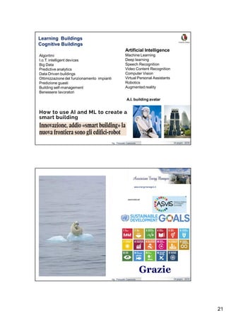 21
Ing. Pasquale Capezzuto 24 giugno 2019
Learning Buildings
Cognitive Buildings
Artificial Intelligence
Machine Learning
Deep learning
Speech Recognition
Video Content Recognition
Computer Vision
Virtual Personal Assistants
Robotics
Augmented reality
Algoritmi
I.o.T. intelligent devices
Big Data
Predictive analytics
Data Driven buildings
Ottimizzazione del funzionamento impianti
Predizione guasti
Building self-management
Benessere lavoratori
A.I. building avatar
Ing. Pasquale Capezzuto 24 giugno 2019
Grazie
associata ad
www.energymanagers.it
 