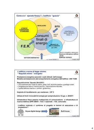 4
Ing. Pasquale Capezzuto 24 giugno 2019
Come si e’ operato finora ? - l’edificio “guscio”
Consumi
finali di
energia
INVOLUCRO
IMPIANTO DI
RISCALDAMENTO
per i 20°C
F.E.R.
bilancio energetico stazionario
Nessuna interazione edificio
utente
EDIFICIO STATICO
UTENTE
CONDIZIONI
STANDARD CONTROLLO
DEGLI IMPIANTI
Classe C
VETTORI ENERGETICI
SITO
apporti
solari
Ing. Pasquale Capezzuto 24 giugno 2019
L’edificio a norma di legge minimo
“ Requisiti minimi ” energetici
Prestazione energetica secondo i costi ottimali dell’energia
Modello semistazionario del comportamento energetico dell’edificio - UNI 11300
Requisiti minimi Decreto 26-6-2015 :
• provvedimenti per l’isola di calore, green roof, tecniche passive, guadagni solari
• progettazione estiva, l’inerzia termica , l’illuminazione naturale;
• qualità dell'aria interna e comfort igrotermico
Impianto di riscaldamento per mantenere i 20° C
Utilizzo di fonti rinnovabili di energia per autoproduzione D.Lgs. n. 28/2011
Infrastruttura fisica passiva multiservizio di comunicazione e infrastruttura di
ricarica elettrica (DPR 380/01 – R.E.T. nazionale – R.E. comunale)
L’edificio costruito e’ conforme al progetto in termini di esecuzione e di
prestazione ?
House digital design Built house
 