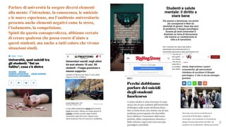 Parlare di università fa sorgere diversi elementi
alla mente: l’istruzione, la conoscenza, le amicizie
e le nuove esperienze, ma l’ambiente universitario
presenta anche elementi negativi come lo stress,
l’isolamento, la competizione.
Spinti da questa consapevolezza, abbiamo cercato
di creare qualcosa che possa essere d’aiuto a
questi studenti, ma anche a tutti coloro che vivono
situazioni simili.
 