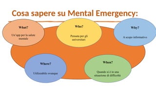 Cosa sapere su Mental Emergency:
Where?
Utilizzabile ovunque
Who?
Pensata per gli
universitari
When?
Quando si è in una
situazione di difficoltà
Why?
A scopo informativo
What?
Un’app per la salute
mentale
 
