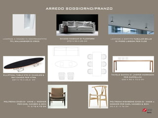 ARREDO SOGGIORNO/PRANZO




LAMPADA A INCASO IN CONTRASOFFITO       DIVANO MAGNUM DI FLEXFORM   LAMPADE A SOFFITO TUBULAR BELLS
     TFL WALLWASHER DI ERCO                  270 X 95 X 85 CM          DI PIERO LISSONI PER FLOS




ELLIPTICAL TABLE ETR DI CHARLES &                                    TAVOLO GAMMA DI JASPER MORRISON
       RAY EAMES PER VITRA                                                    PER CAPPELLINI
        227 X 75 X 25,5 CM                                                   250 X 90 X 73,5 CM




POLTRONA CH25 DI HANS J. WEGNER                                     POLTRONA WISHBONE CH24 DI HANS J.
          PER CARL HANSEN & SON                                     WEGNER PER CARL HANSEN & SON
                 71 X 73 X 73 CM                                    55 X 51 X 76 CM
 