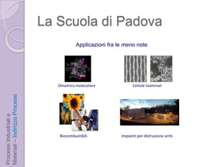 La Scuola di PadovaApplicazionifra le meno noteDinamica molecolareCellule staminaliProcessi Industriali e Materiali – Indirizzo ProcessiBiocombustibiliImpianti per distruzione armi