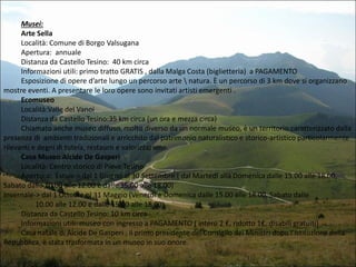 Musei:
Arte Sella
Località: Comune di Borgo Valsugana
Apertura: annuale
Distanza da Castello Tesino: 40 km circa
Informazioni utili: primo tratto GRATIS , dalla Malga Costa (biglietteria) a PAGAMENTO
Esposizione di opere d’arte lungo un percorso arte  natura. È un percorso di 3 km dove si organizzano
mostre eventi. A presentare le loro opere sono invitati artisti emergenti .
Ecomuseo
Località:Valle del Vanoi
Distanza da Castello Tesino:35 km circa (un ora e mezza circa)
Chiamato anche museo diffuso, molto diverso da un normale museo, è un territorio caratterizzato dalla
presenza di ambienti tradizionali e arricchito dal patrimonio naturalistico e storico-artistico particolarmente
rilevanti e degni di tutela, restauro e valorizzazione.
Casa Museo Alcide De Gasperi
Località: Centro storico di Pieve Tesino
Apertura: Estiva-> dal 1 Giugno al 30 Settembre ( dal Martedì alla Domenica dalle 15.00 alle 18.00,
Sabato dalle 10.00 alle 12.00 e dalle 15.00 alle 18.00)
Invernale-> dal 1 Ottobre al 31 Maggio (Venerdì e Domenica dalle 15.00 alle 18.00, Sabato dalle
10.00 alle 12.00 e dalle 15.00 alle 18.00)
Distanza da Castello Tesino: 10 km circa
Informazioni utili: museo con ingresso a PAGAMENTO ( intero 2 €, ridotto 1€, disabili gratuiti)
Casa natale di Alcide De Gasperi , il primo presidente del Consiglio dei Ministri dopo l’istituzione della
Repubblica, è stata trasformata in un museo in suo onore.

 