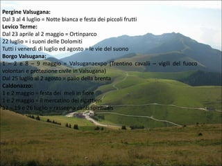 Pergine Valsugana:
Dal 3 al 4 luglio = Notte bianca e festa dei piccoli frutti
Levico Terme:
Dal 23 aprile al 2 maggio = Ortinparco
22 luglio = i suoni delle Dolomiti
Tutti i venerdì di luglio ed agosto = le vie del suono
Borgo Valsugana:
1 – 2 e 8 – 9 maggio = Valsuganaexpo (Trentino cavalli – vigili del fuoco
volontari e protezione civile in Valsugana)
Dal 25 luglio al 2 agosto = palio della brenta
Caldonazzo:
1 e 2 maggio = festa dei meli in fiore
1 e 2 maggio = il mercatino dei rigattieri
12 – 19 e 26 luglio = rassegna canti spirituals

 