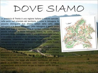 DOVE SIAMO
La provincia di Trento è una regione italiana a statuto speciale;
nella parte sud orientale del territorio, si trova la Valsugana. Si
possono distinguere due diversi settori della valle; l’Alta
Valsugana e la Bassa Valsugana. L’Alta Valsugana è quella parte
della valle larga e spaziosa, ricca di territori coltivati, frutteti e
piccole industrie; la Bassa Valsugana, invece, ha come centro
principale Borgo Valsugana, sorto in una strozzatura della vallata
e circondato da diversi centri minori fino a formare un territorio
abbastanza urbanizzato. Nella parte superiore della bassa
Valsugana si trova l’Alto piano Tesino costituito da Castello Tesino,
Cinte tesino e Pieve Tesino.
Cinte Tesine è un piccolo centro abitato che offre una vacanza
all’insegna del relax e del contatto con la natura. Offre numerose
possibilità di passeggiate ed escursioni nonostante si trovi in una
posizione un po’ decentrata rispetto alla valle. Pieve Tesino è
famoso per essere stato il primo paese italiano ad avere la pro
loco. L’abitato, che sorge alle pendici meridionali del monte
Silana e si apre a ventaglio sulla Conca del Tesino è
un’importante meta turistica sia per la stagione estiva che per
quella invernale.

 