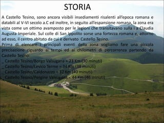 STORIA
A Castello Tesino, sono ancora visibili insediamenti risalenti all’epoca romana e
databili al V-VI secolo a.C ed inoltre, in seguito all’espansione romana, la zona era
vista come un ottimo avamposto per le legioni che transitavano sulla i a Claudia
Augusta Imperiale. Sul colle di San Ippolito sorse una fortezza romana e, attorno
ad esso, il centro abitato da cui è derivato Castello Tesino.
Prima di elencare i principali eventi della zona vogliamo fare una piccola
precisazione riguardo ai tempi ed ai chilometri di percorrenza partendo da
Castello Tesino:
_ Castello Tesino/Borgo Valsugana = 23 Km (30 minuti)
_ Castello Tesino/Levico Terme = 34 Km (38 minuti)
_ Castello Tesino/Caldonazzo = 37 Km (40 minuti)
_ Castello Tesino/Pergine Valsugana = 44 Km (46 minuti)

 
