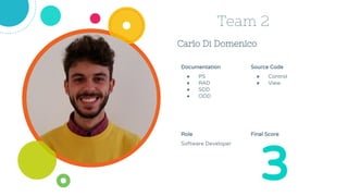 Carlo Di Domenico
Team 2
Source Code
● Control
● View
Role
Software Developer
3
Documentation
● PS
● RAD
● SDD
● ODD
Final Score
 