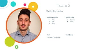 Fabio Esposito
Team 2
Source Code
● Control
● View
Role
Software Developer
Final Score
Documentation
● PS
● RAD
● SDD
 