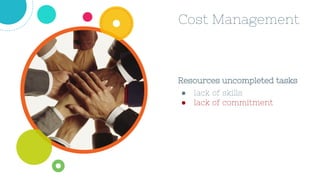 Cost Management
Resources uncompleted tasks
● lack of skills
● lack of commitment
 