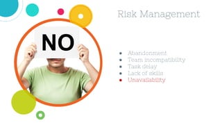 ● Abandonment
● Team incompatibility
● Task delay
● Lack of skills
● Unavailability
Risk Management
 