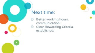 ◎ Better working hours
communication;
◎ Clear Rewarding Criteria
established;
Next time:
 