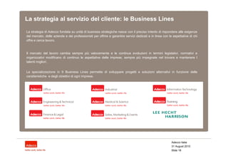 La strategia al servizio del cliente: le Business Lines

La strategia di Adecco fondata su unità di business strategiche nasce con il preciso intento di rispondere alle esigenze
del mercato, delle aziende e dei professionisti per offrire e garantire servizi dedicati e in linea con le aspettative di chi
offre e cerca lavoro.


Il mercato del lavoro cambia sempre più velocemente e le continue evoluzioni in termini legislativi, normativi e
organizzativi modificano di continuo le aspettative delle imprese, sempre più impegnate nel trovare e mantenere I
talenti migliori.


La specializzazione in 9 Business Lines permette di sviluppare progetti e soluzioni alternativi in funzione delle
caratteristiche e degli obiettivi di ogni impresa.




                                                                                                          Adecco Italia
                                                                                                          31 August 2010
                                                                                                          Slide 18
 