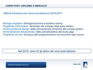 Offerta formativa per l’anno accademico 2010-2011 CORSI POST- DIPLOMA A MERCATO PRESENTAZIONE IFOA 2011 Manager Assistant:  dall'organizzazione al problem solving  Progettista CAD d'interni:  dal design allo sviluppo degli spazi abitativi   Communication & Design:  dalla comunicazione d'impresa allo sviluppo grafico  Amministrazione del personale:  dalla contrattualistica alla busta paga Progettista siti web:  dal layout alla programmazione con strumenti open source   Nel 2010: sono  60  gli allievi dei corsi post-diploma 