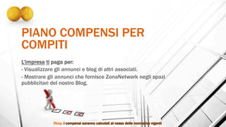 PIANO COMPENSI PER
COMPITI
L’impresa ti paga per:
- Visualizzare gli annunci e blog di altri associati.
- Mostrare gli annunci che fornisce ZonaNetwork negli spazi
pubblicitari del nostro Blog.
 